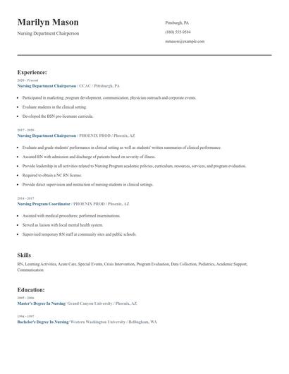 Nursing Department Chairperson Resume