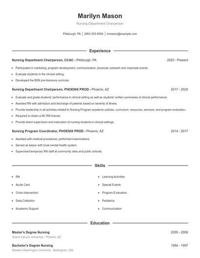 Nursing Department Chairperson Resume