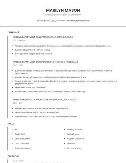 Nursing Department Chairperson Resume