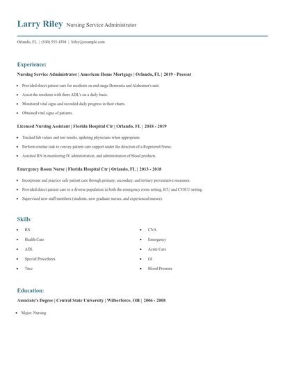 Nursing Service Administrator Resume