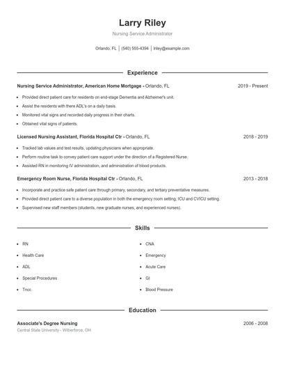 Nursing Service Administrator Resume