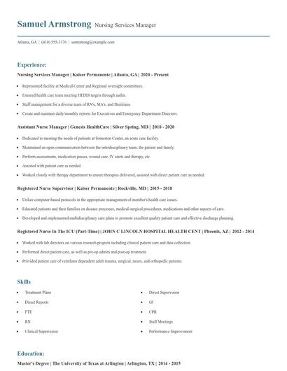 Nursing Services Manager Resume