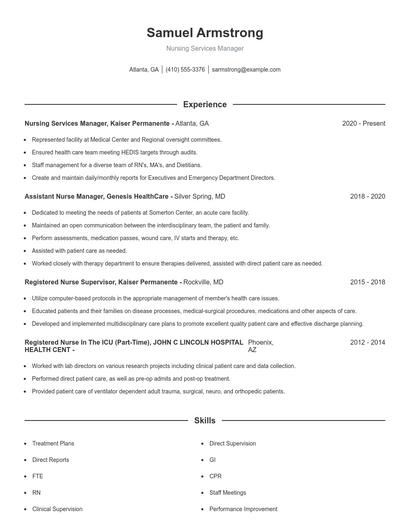 Nursing Services Manager Resume