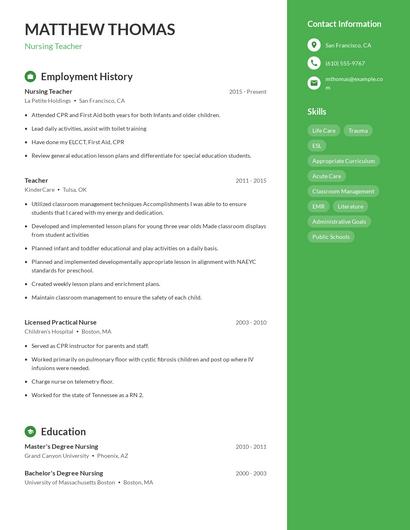 Nursing Teacher Resume