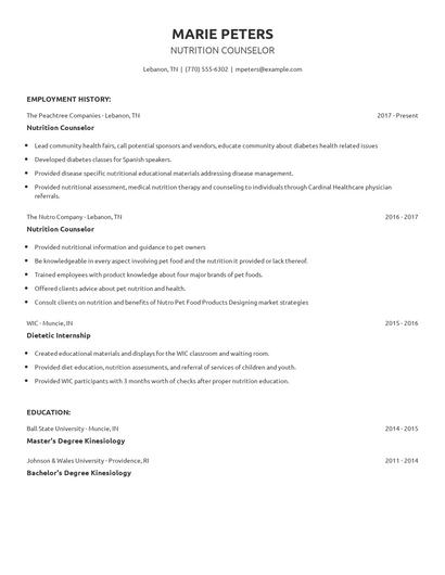 Nutrition Counselor Resume