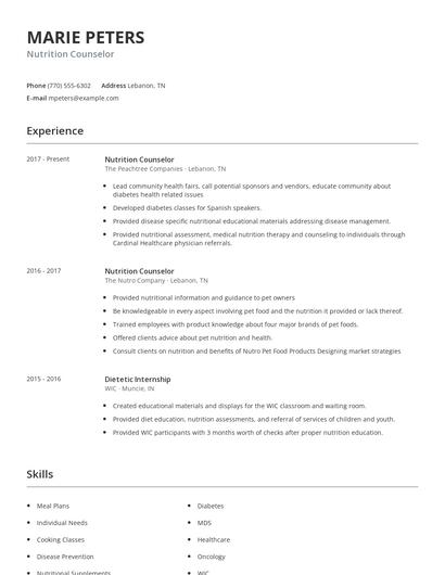 Nutrition Counselor Resume