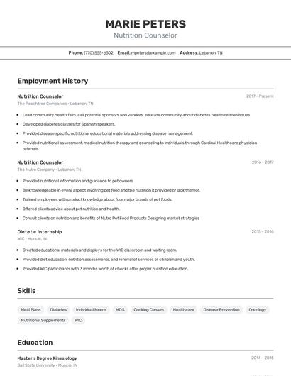 Nutrition Counselor Resume