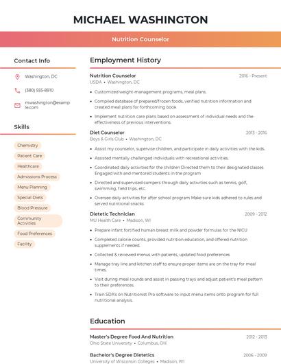 Nutrition Counselor Resume
