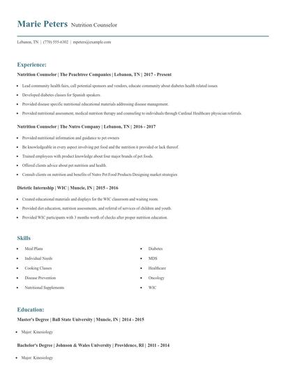 Nutrition Counselor Resume