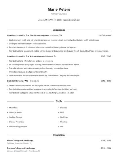 Nutrition Counselor Resume