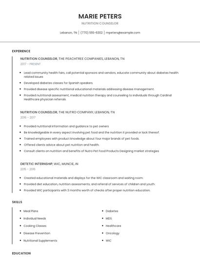 Nutrition Counselor Resume