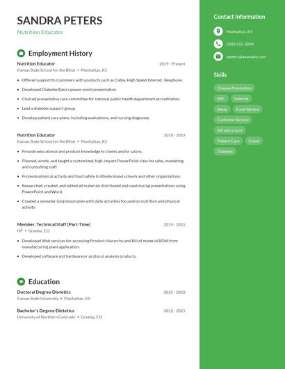 Nutrition Educator Resume