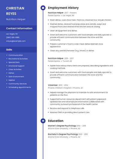 Nutrition Helper Resume
