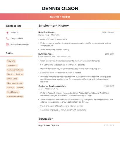 Nutrition Helper Resume