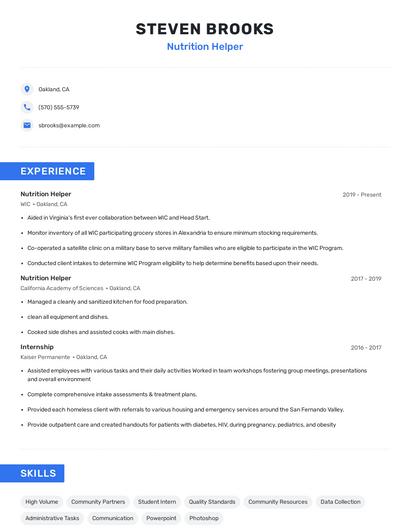 Nutrition Helper Resume