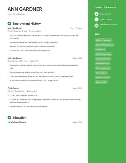 Nutrition Helper Resume