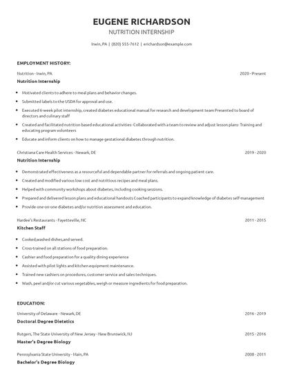 Nutrition Internship Resume