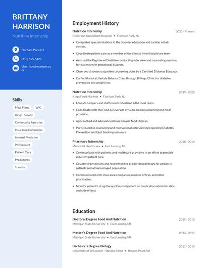 Nutrition Internship Resume
