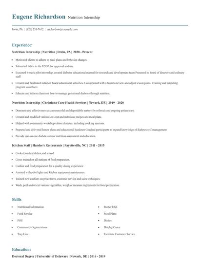 Nutrition Internship Resume