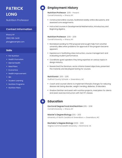 Nutrition Professor Resume