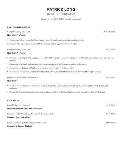Nutrition Professor Resume
