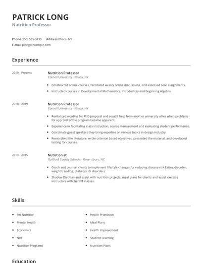 Nutrition Professor Resume