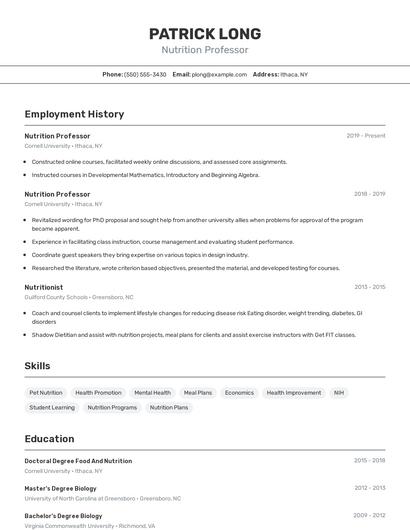 Nutrition Professor Resume