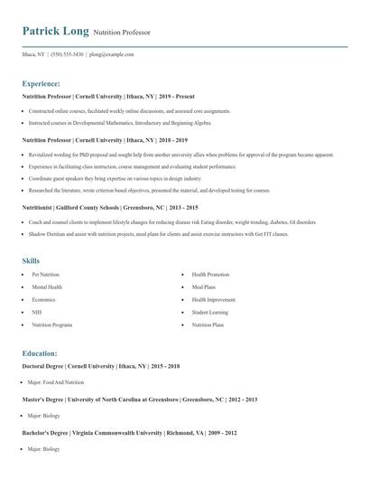 Nutrition Professor Resume