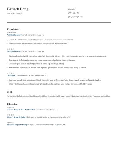Nutrition Professor Resume