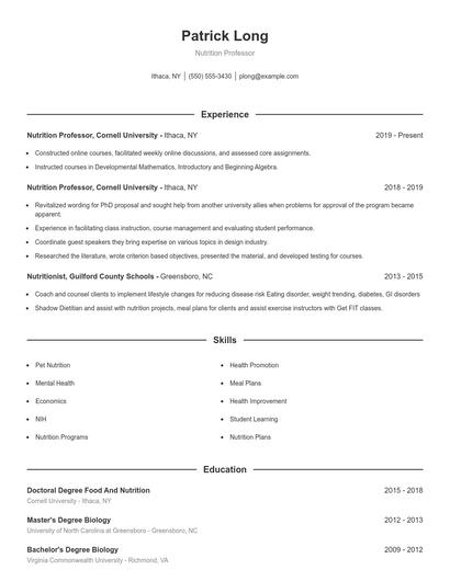 Nutrition Professor Resume