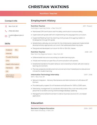 Nutrition Teacher Resume