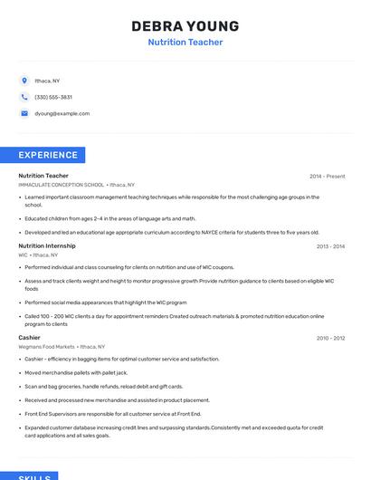 Nutrition Teacher Resume