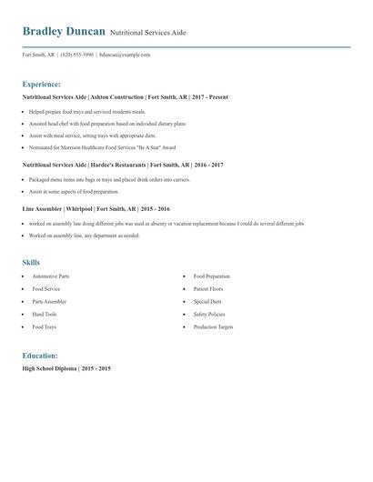 Nutritional Services Aide Resume