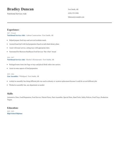 Nutritional Services Aide Resume