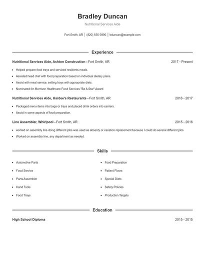 Nutritional Services Aide Resume