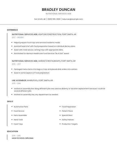 Nutritional Services Aide Resume