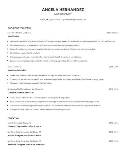 Nutritionist Resume