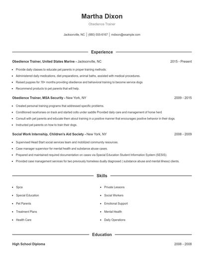 Obedience Trainer Resume