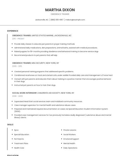 Obedience Trainer Resume