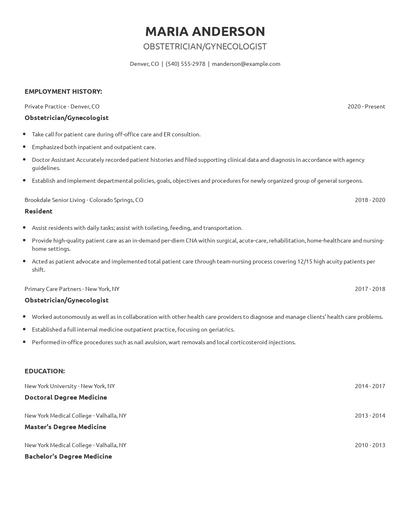 Obstetrician/Gynecologist Resume