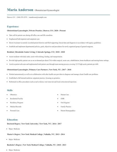 Obstetrician/Gynecologist Resume