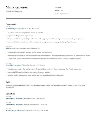 Obstetrician/Gynecologist Resume