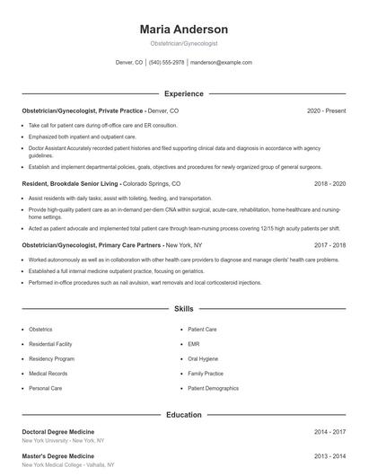 Obstetrician/Gynecologist Resume