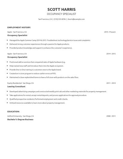 Occupancy Specialist Resume