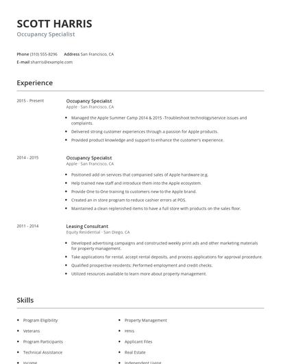 Occupancy Specialist Resume