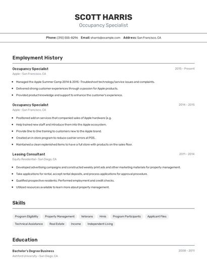 Occupancy Specialist Resume