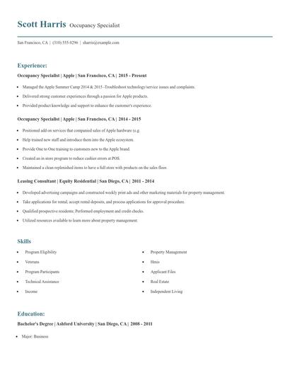 Occupancy Specialist Resume