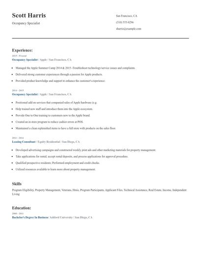 Occupancy Specialist Resume