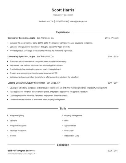 Occupancy Specialist Resume