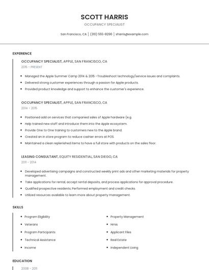 Occupancy Specialist Resume